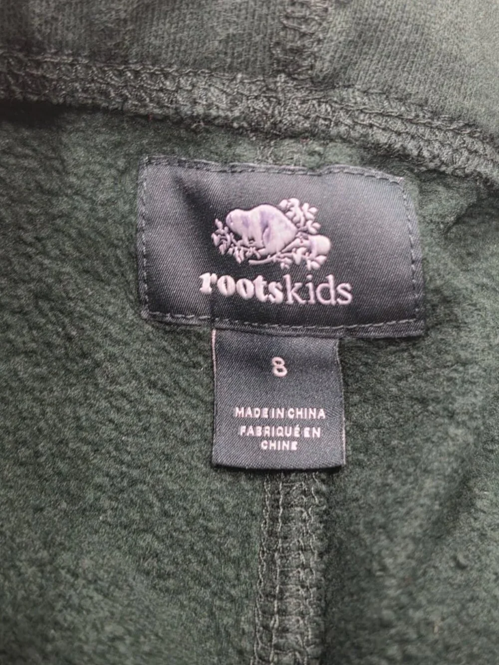 Roots Kids Green Fleece-Lined Joggers Size 8 With Elastic Waistband & Logo